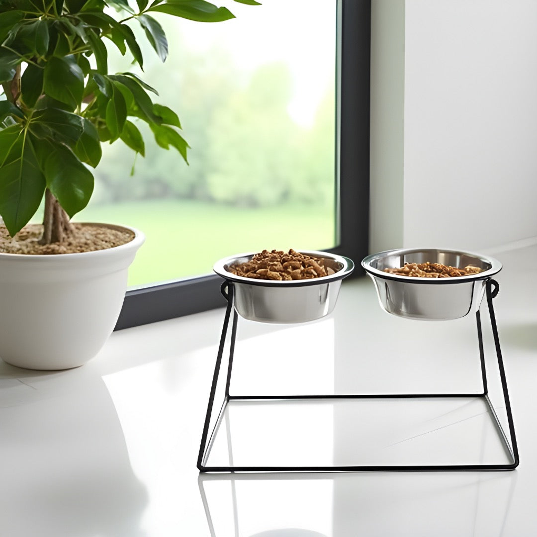 Pyramid Double Diner - Minimalist Wrought Iron Stand, Elevated Dog Bowl Feeder ( 5" / 7" /  12" / 18" / 24")
