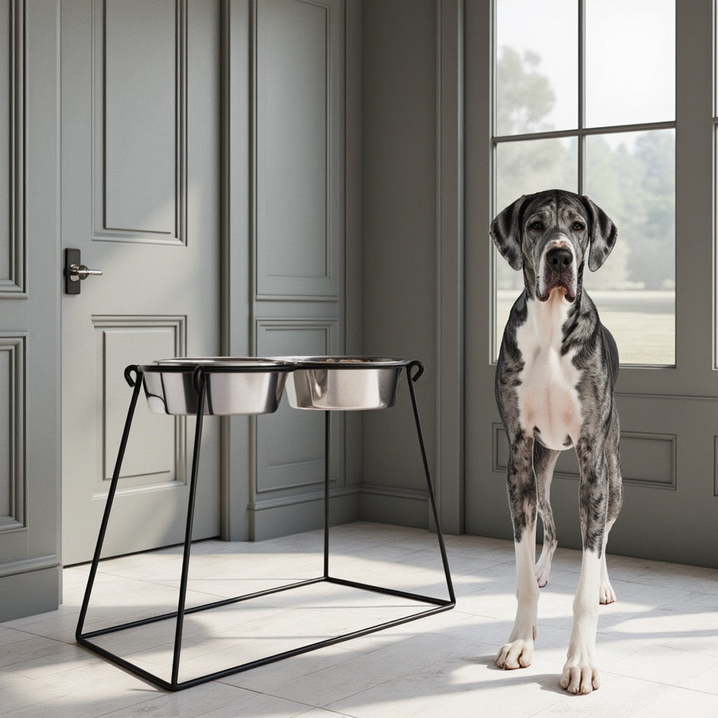 Pyramid XL Double Diner - Minimalist Wrought Iron Stand, Large Breed Elevated Dog Feeding Station (18", 24" Tall)
