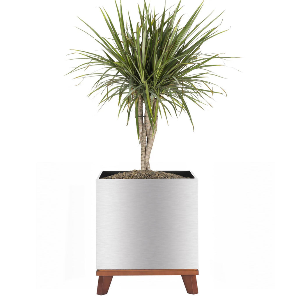 Madeira Cube Indoor Planter w/ Wood Base - Modern Seamless Aluminum Metal (Silver), Surface-Safe w/ Fiberglass Lining (16" Pot, 20" Tall w/ Stand)