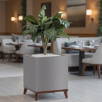 Madeira Cube Indoor Planter w/ Wood Base - Modern Seamless Aluminum Metal (Silver), Surface-Safe w/ Fiberglass Lining (16" Pot, 20" Tall w/ Stand)