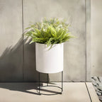 Knox Cylinder Metal Planter w/ Iron Stand - Modern Architectural Stainless Steel (18/8 Heavy Duty) Raised Pot, Surface-Safe, Indoor / Outdoor ( 21.5" / 33" Tall)