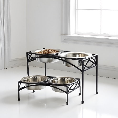 Regal Double Diner - Sturdy Wrought Iron Metal, Elevated Dog Bowl Stand (XS 3" / 5" / 7" / 10" / 12" Tall)