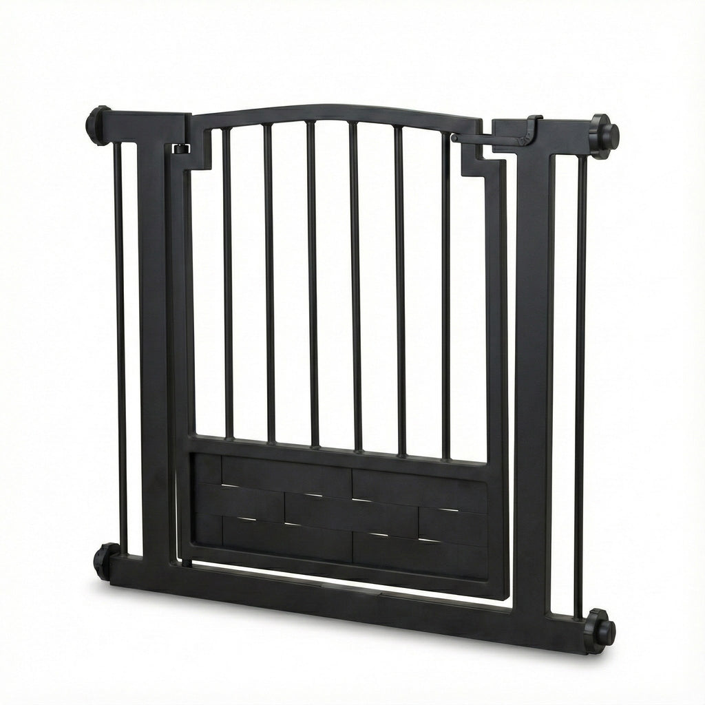 Royal Weave Steel Dog Gate w/ Door (28.5" - 61.5" Extra Wide) Heavy Duty Black Wrought Iron, Indoor Easy Pressure Mounted (No Drill)