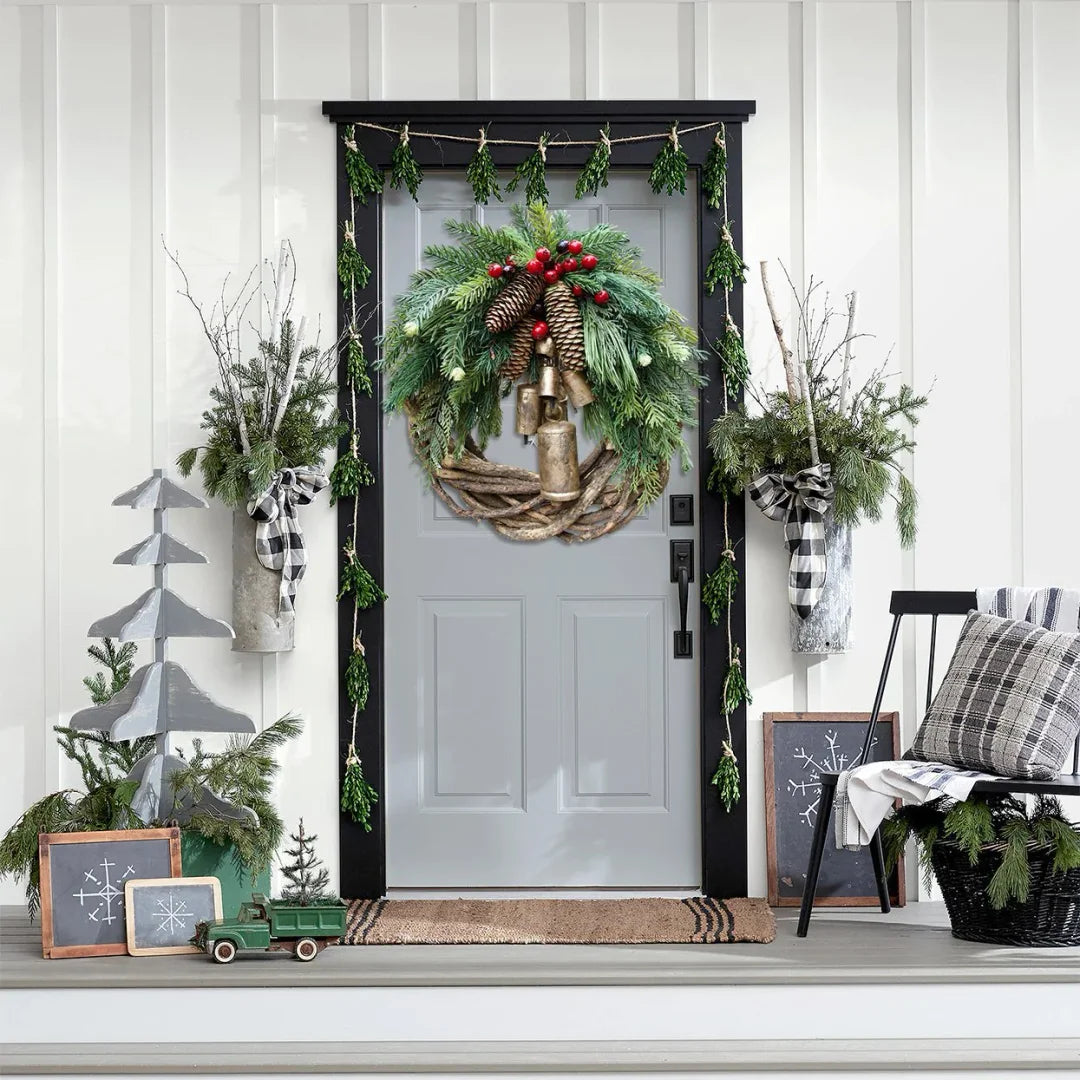 Christmas Wreath | Boho Style | Rustic Vine Base with Pinecones & Golden Bells