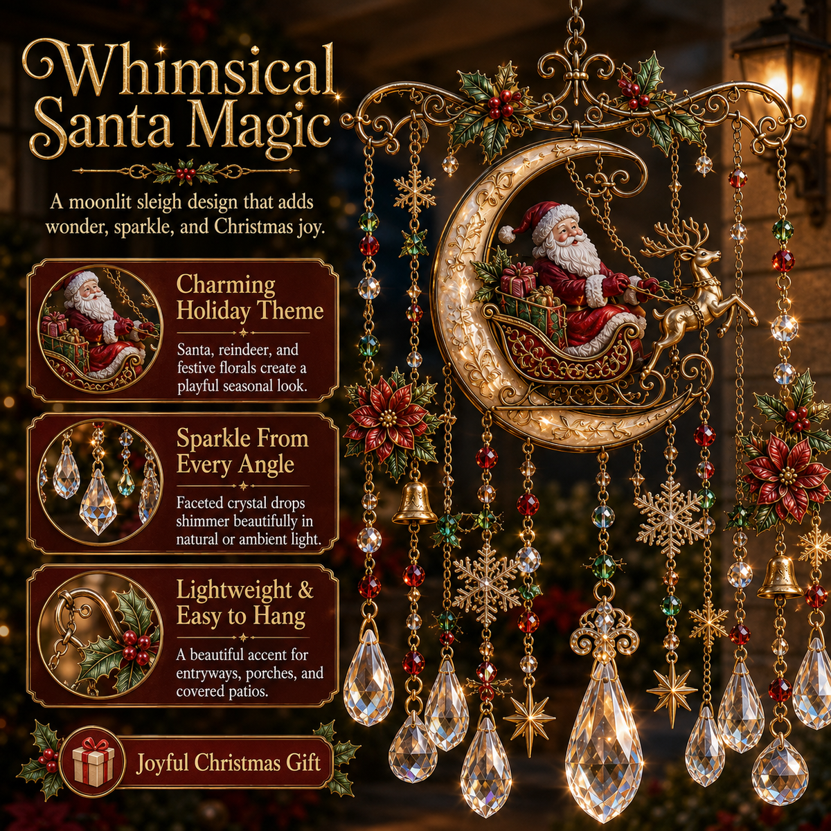 Christmas Crystal Wind Chime - 14 Festive Designs, 20 x 35 cm