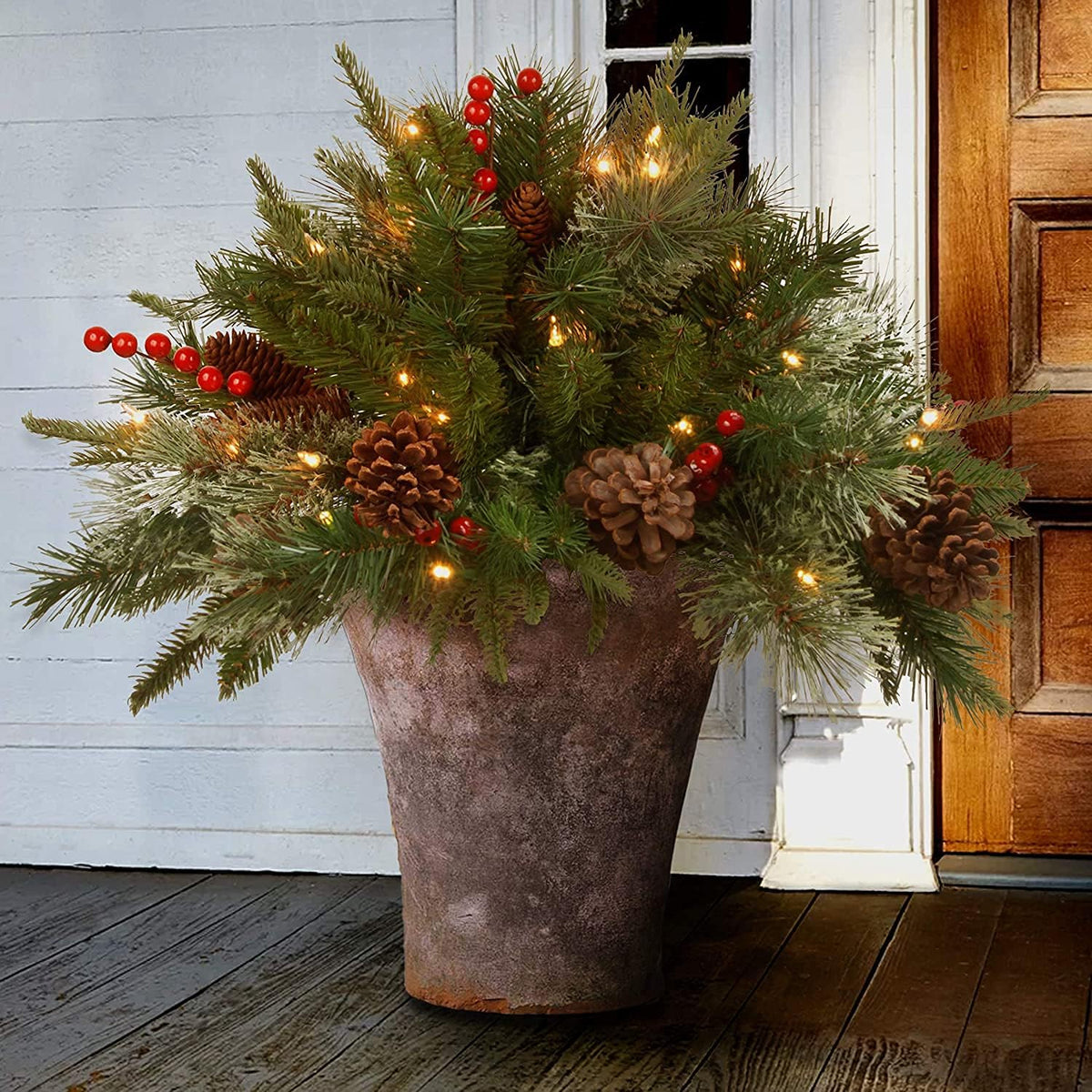 Christmas urn decoration with LED lights | Realistic pine branches & berries | Indoor and outdoor