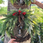 Cozy Christmas wreath with natural bells and wooden accents