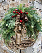 Cozy Christmas wreath with natural bells and wooden accents