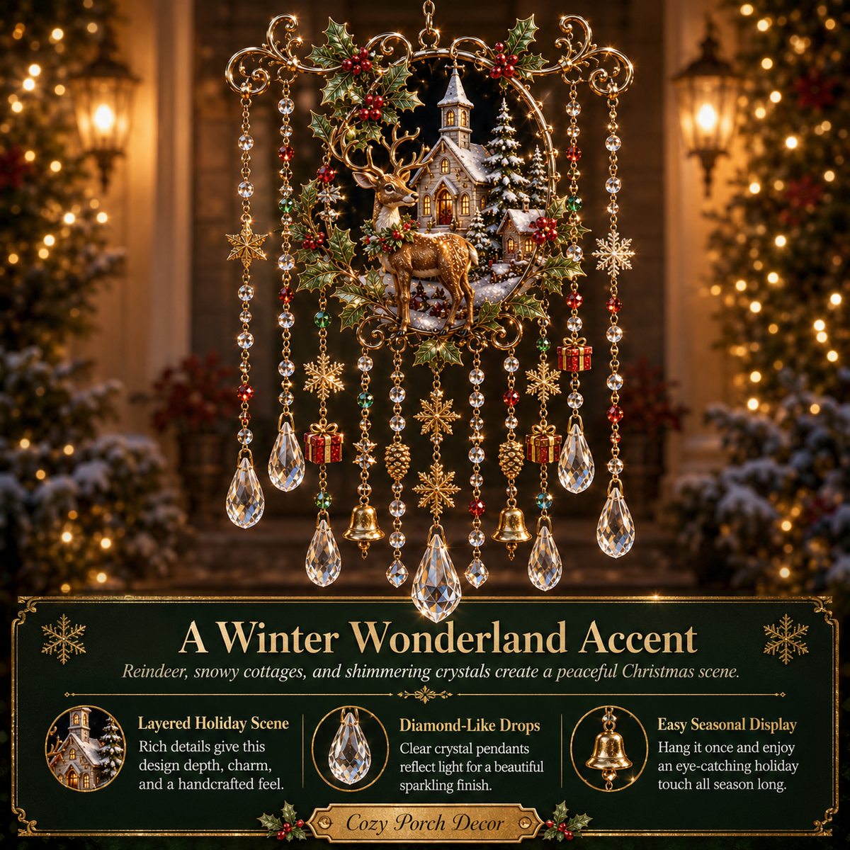 Christmas Crystal Wind Chime - 14 Festive Designs, 20 x 35 cm