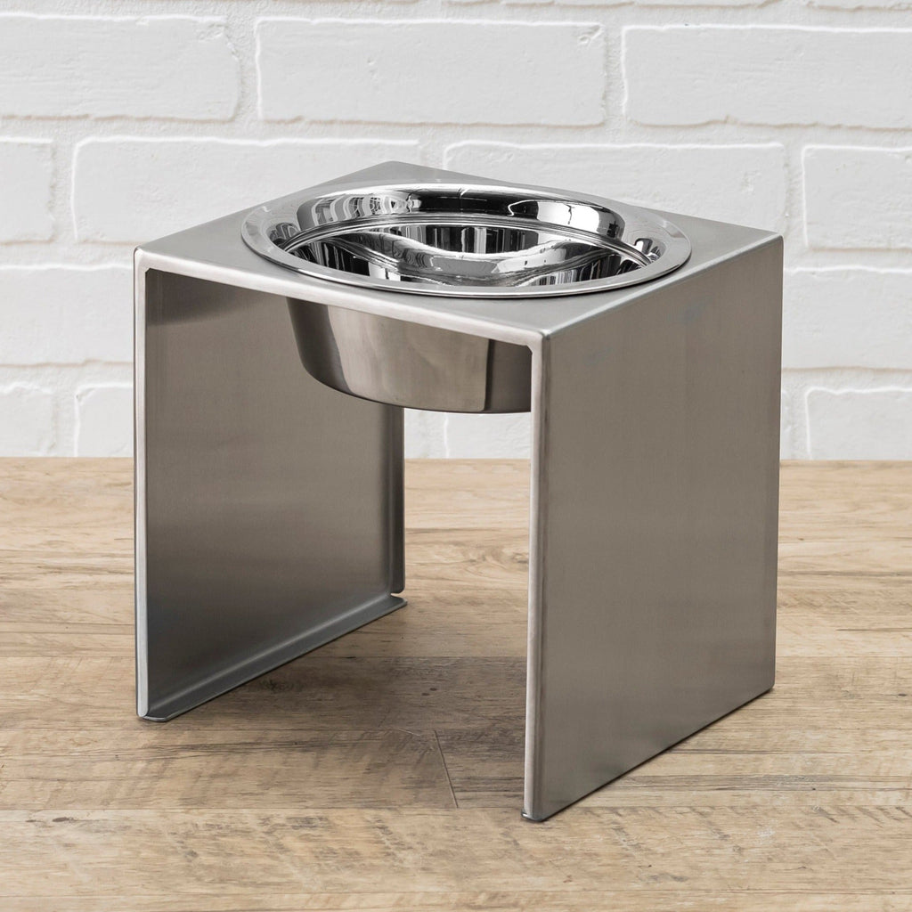Slate Single Diner - Modern Architectural 304 Stainless Steel Stand w/ Elevated Bowl Food, Water (5" / 9" / 12" Tall)
