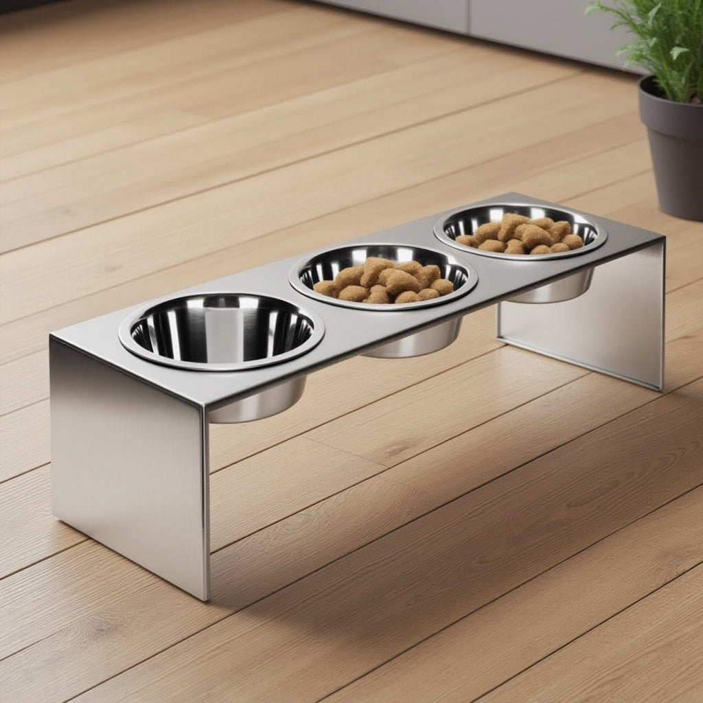Slate Triple Bowl Diner - Modern, Architectural 304 Stainless Steel Elevated 3 Bowl Stand (9" Tall Medium - Large Dog)