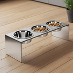Slate Triple Bowl Diner - Modern, Architectural 304 Stainless Steel Elevated 3 Bowl Stand (9" Tall Medium - Large Dog)