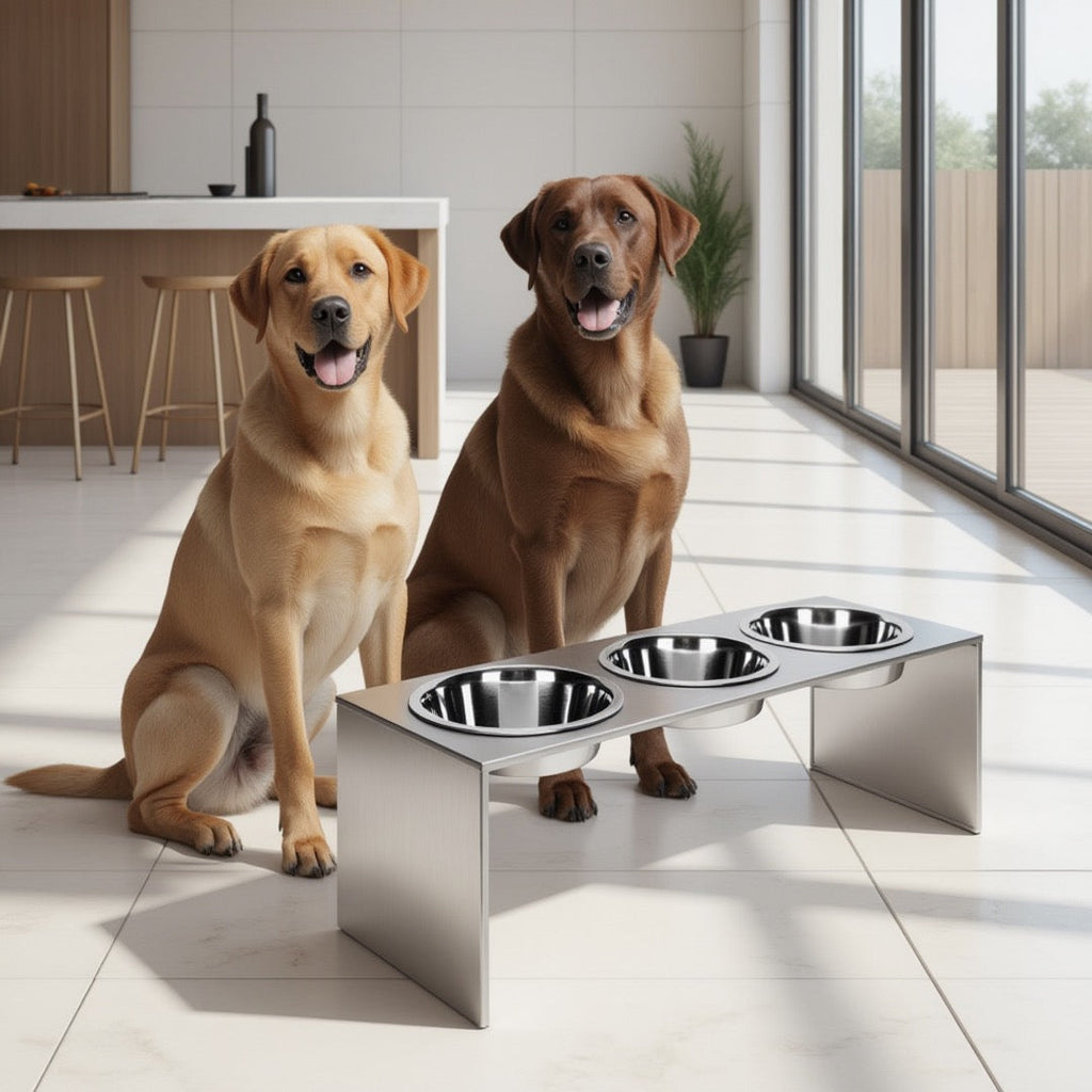 Slate Triple Bowl Diner - Modern, Architectural 304 Stainless Steel Elevated 3 Bowl Stand (9" Tall Medium - Large Dog)