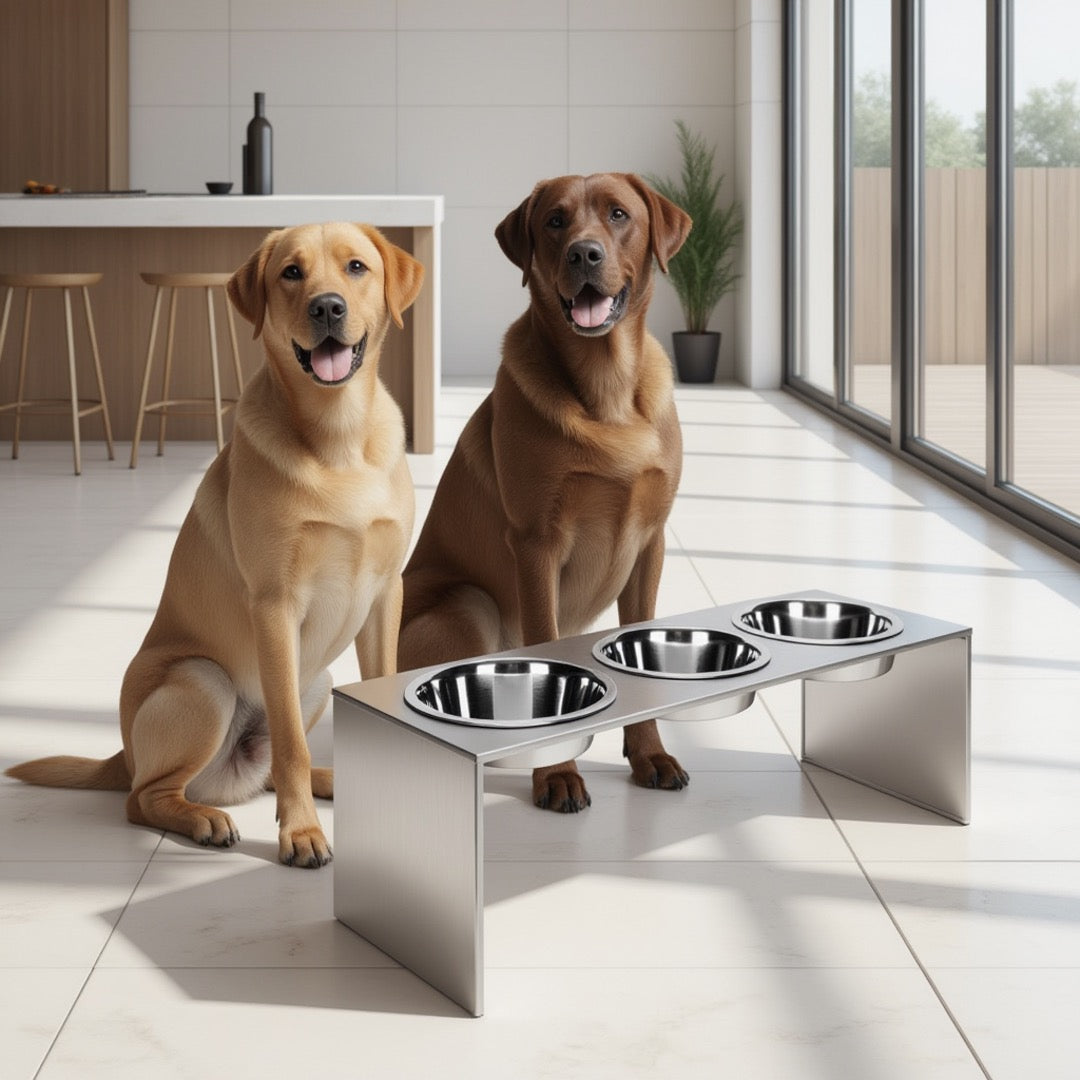 Slate Triple Bowl Diner - Modern, Architectural 304 Stainless Steel Elevated 3 Bowl Stand (9" Tall Medium - Large Dog)