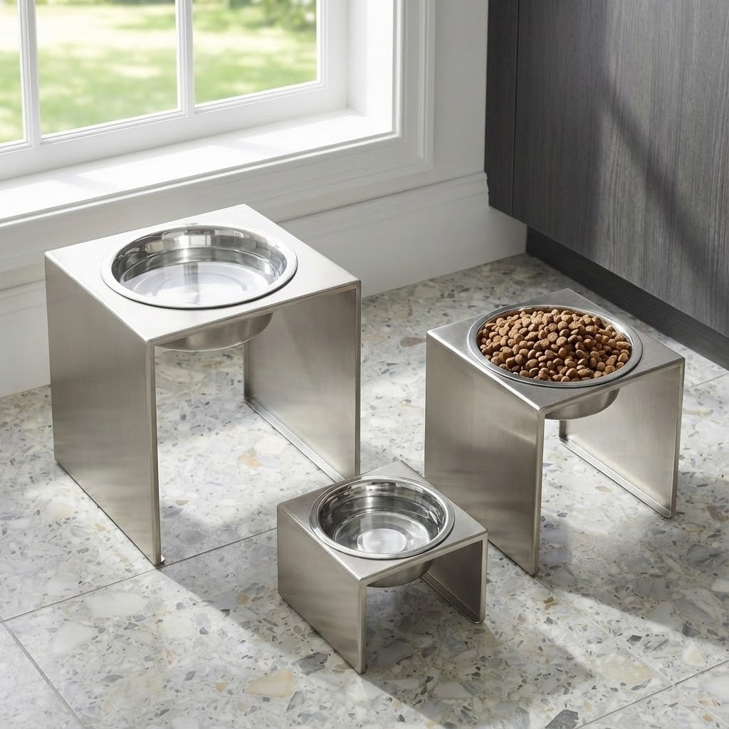 Slate Single Diner - Modern Architectural 304 Stainless Steel Stand w/ Elevated Bowl Food, Water (5" / 9" / 12" Tall)