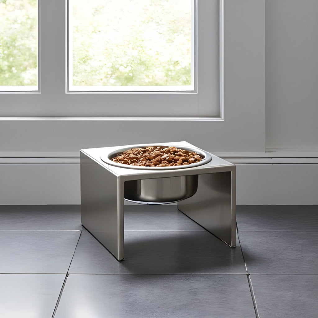 Slate Single Diner - Modern Architectural 304 Stainless Steel Stand w/ Elevated Bowl Food, Water (5" / 9" / 12" Tall)