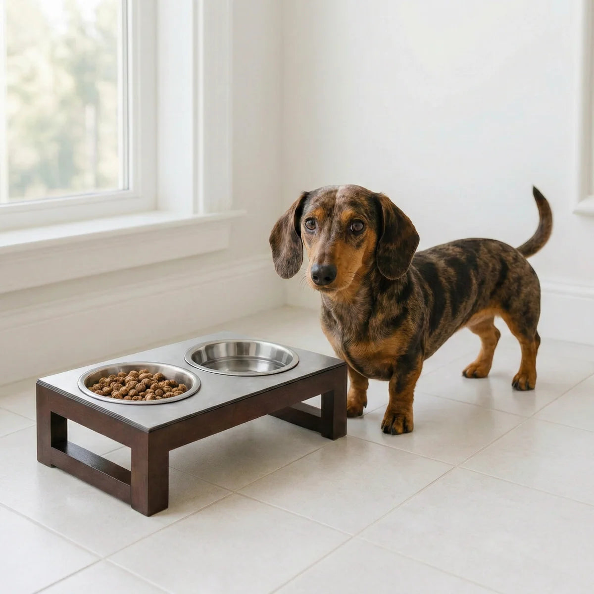 Indus Double Diner - Modern Architectural Hardwood Elevated Dog Bowl Stand (XS Pet 4.5" / 12" Tall)
