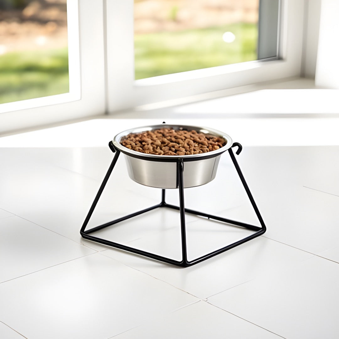 Pyramid Single Diner - Minimalist Wrought Iron Metal Stand, Elevated Dog Bowl (5", 7", 10", 18" Tall)