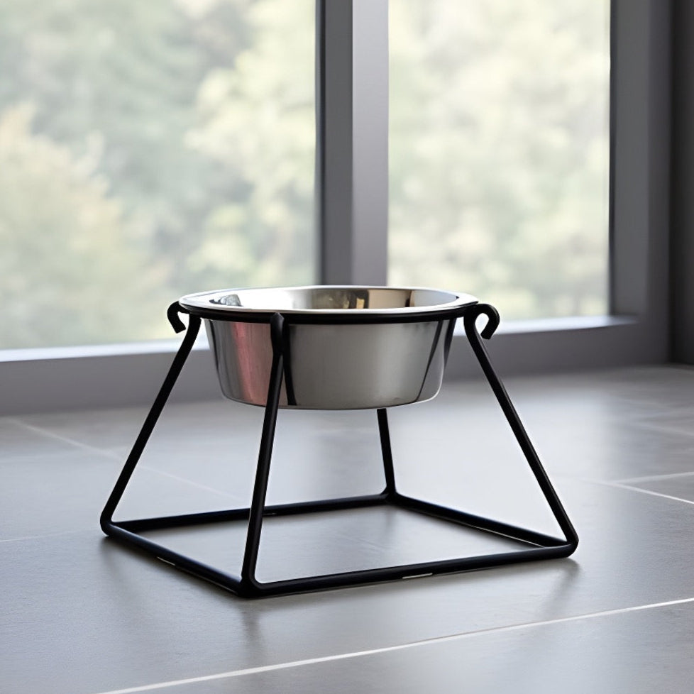 Pyramid Single Diner - Minimalist Wrought Iron Metal Stand, Elevated Dog Bowl (5", 7", 10", 18" Tall)