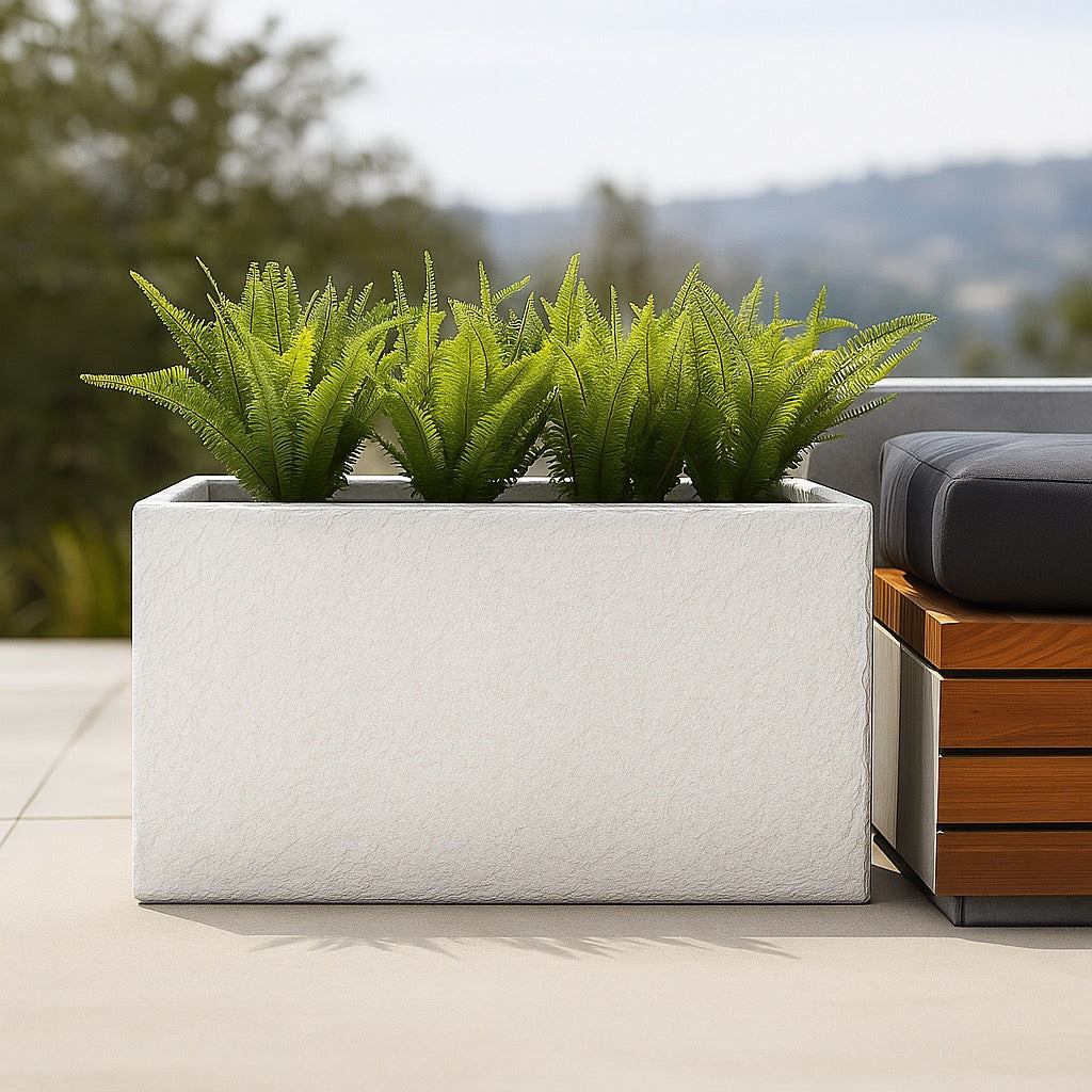 Thomas Faux Concrete Long Block Planter - Steel Reinforced Architectural Fiberglass w/ Drainage (30" L x 16" W x 16" Tall)