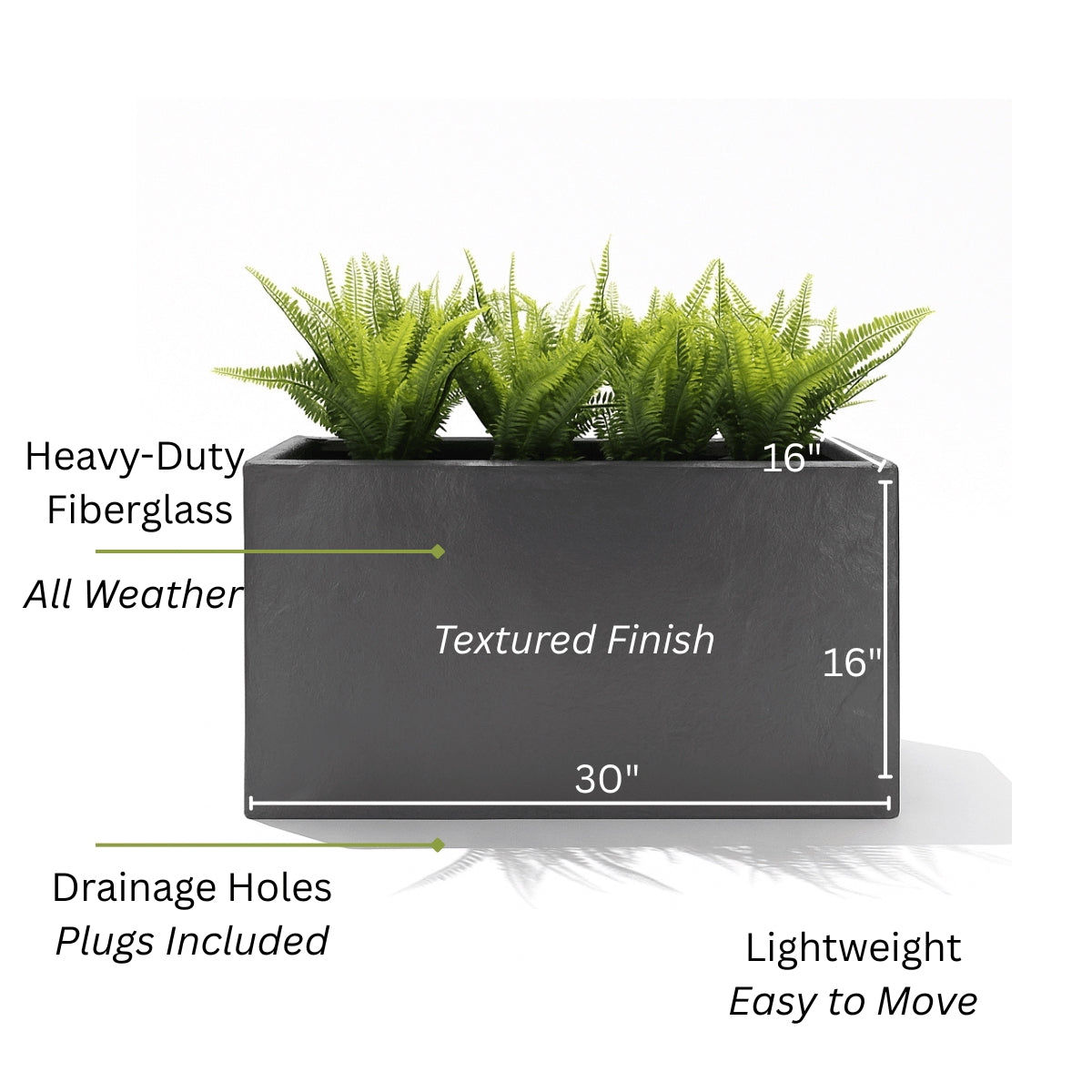 Thomas Faux Concrete Long Block Planter - Steel Reinforced Architectural Fiberglass w/ Drainage (30" L x 16" W x 16" Tall)