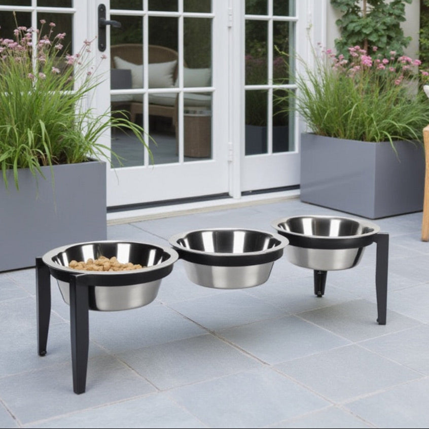 Vision Triple Bowl Diner - Modern Minimalist Iron Elevated 3 Dog Bowl Stand, Outdoor / Indoor (5.5" / 8" Tall)