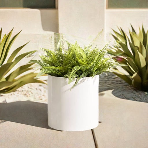 Knox Cylinder White Metal Planter - Modern Minimalist Steel (18/8 Heavy Duty) Surface-Safe, Indoor / Outdoor (12" / 18" Diameter)