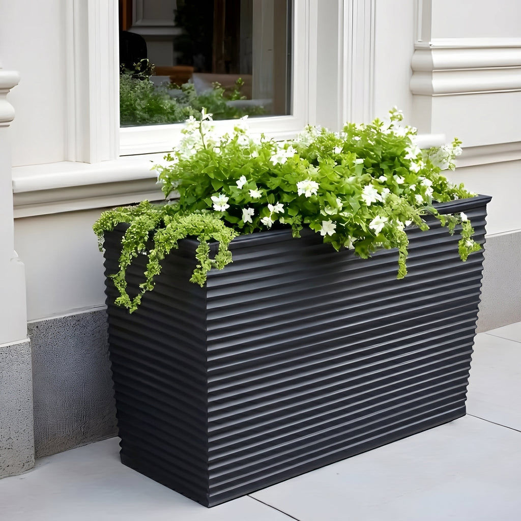Winona Rectangle Span Planter - Architectural Ribbed Fiberglass, Large Outdoor / Indoor (30" L x 12" W x 17" H)