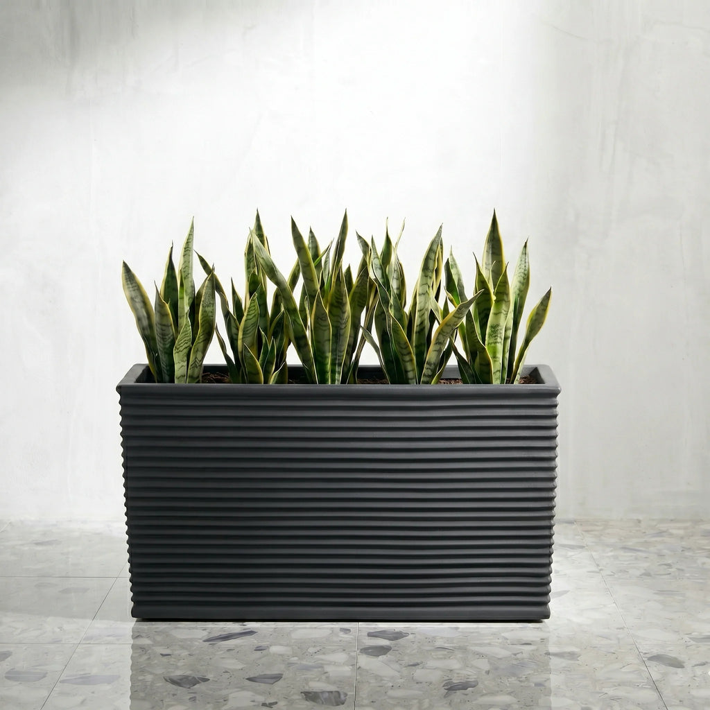 Winona Rectangle Span Planter - Architectural Ribbed Fiberglass, Large Outdoor / Indoor (30" L x 12" W x 17" H)
