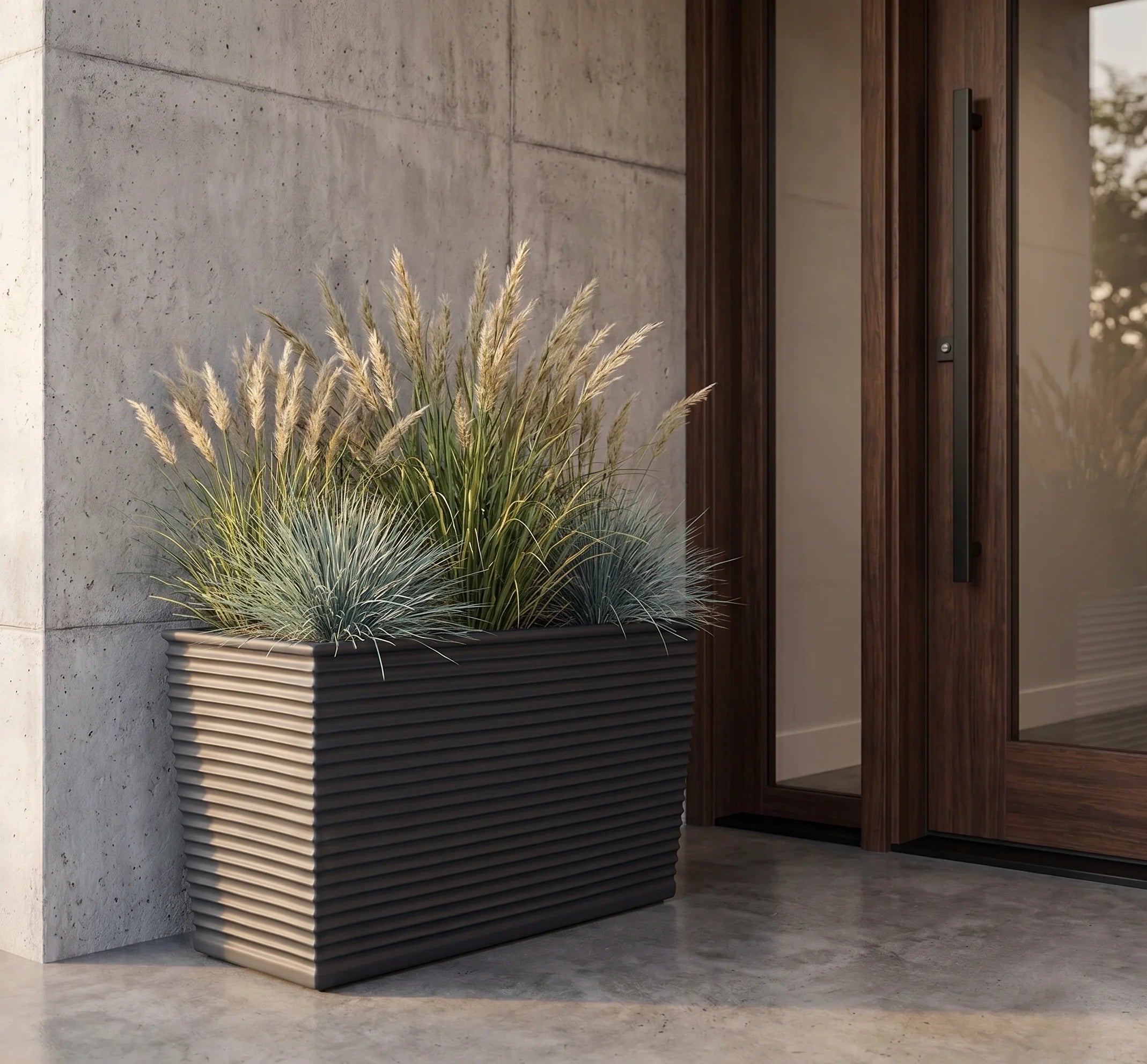 Winona Rectangle Span Planter - Architectural Ribbed Fiberglass, Large Outdoor / Indoor (30" L x 12" W x 17" H)