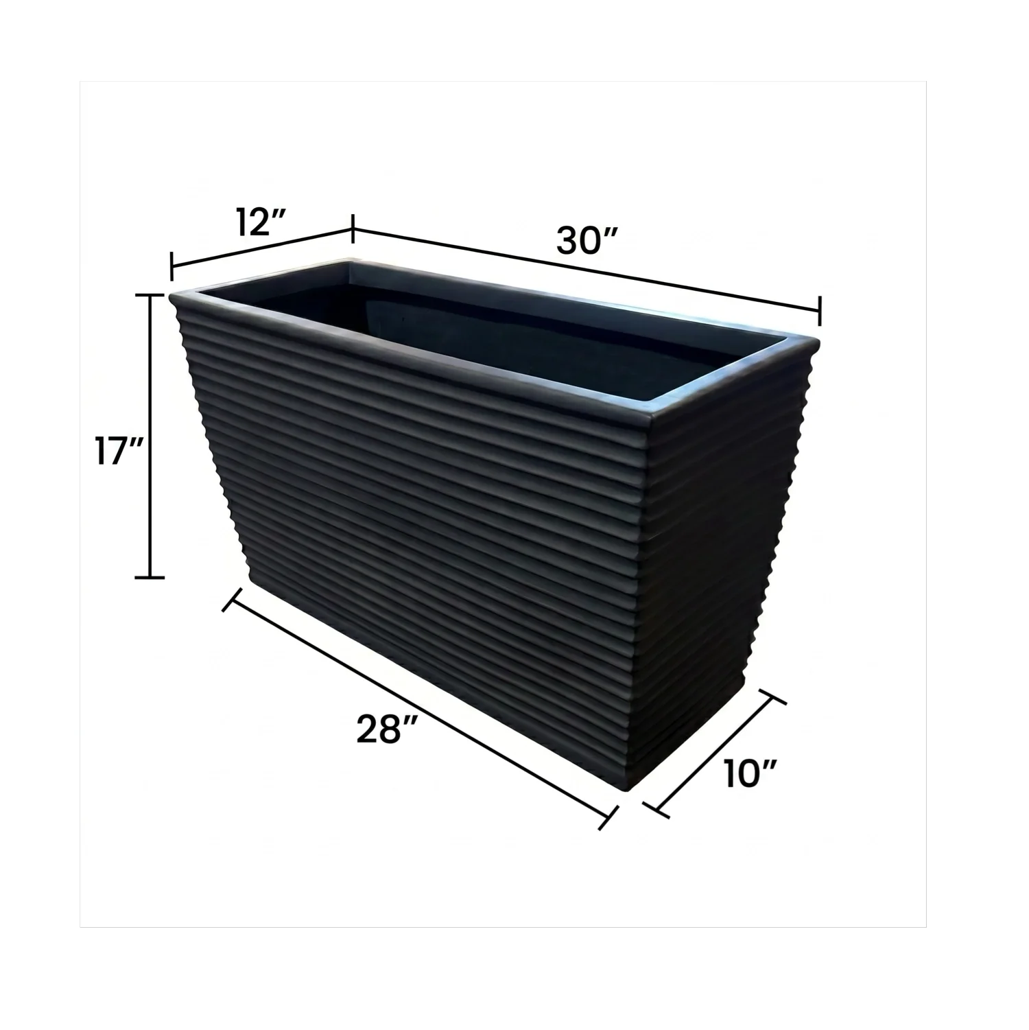 Winona Rectangle Span Planter - Architectural Ribbed Fiberglass, Large Outdoor / Indoor (30" L x 12" W x 17" H)