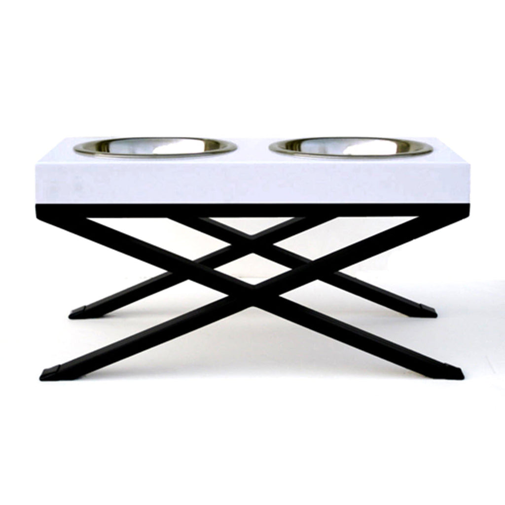 Woodsman Double Diner - Modern Architectural Hardwood Elevated Dog Feeder, Metal Stand (6" / 12" Tall)