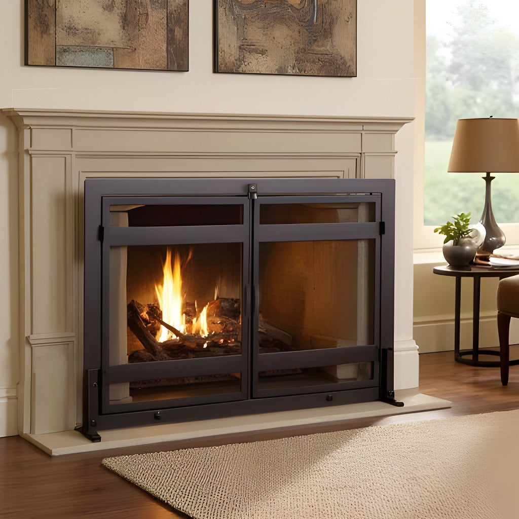 Indus Fireplace Screen- Modern Mission Wrought Iron, Freestanding Flat w/ Doors (44" W x 33" Tall)